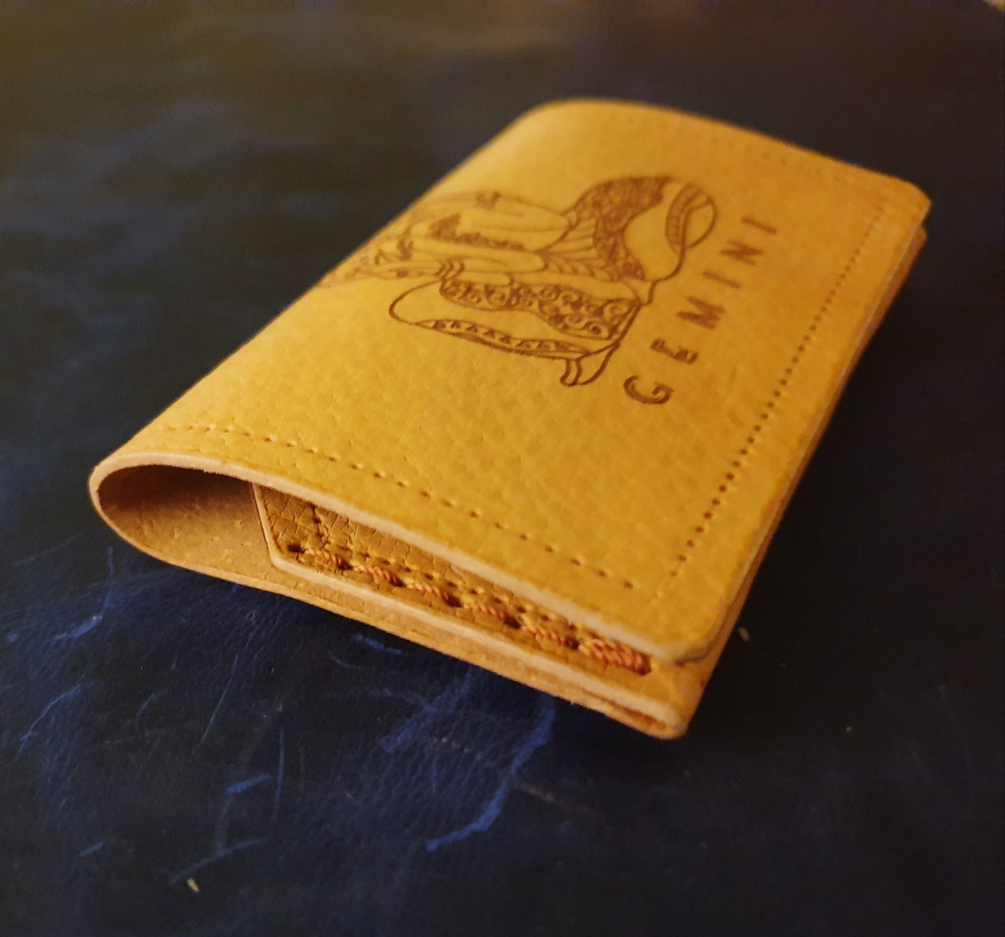 Exclusive handmade minimalist leather wallet with engraved zodiac Gemini.-2