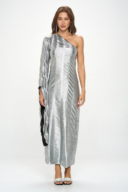 Metallic One Shoulder Bell Sleeve Maxi Dress-4