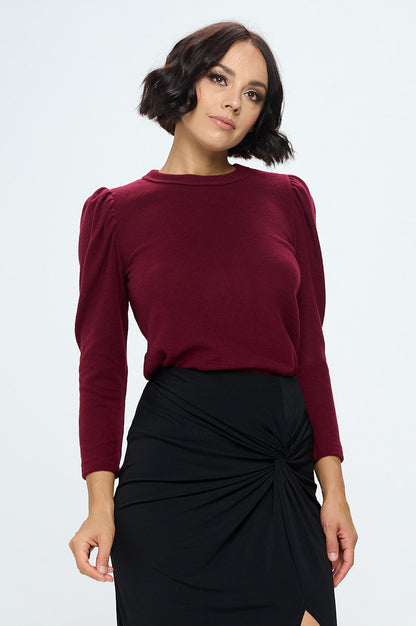 Burgundy Brushed Knit Top with Puff Sleeve-2
