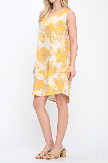 Floral Linen V neck Sleeveless Dress with Curved Hem-2