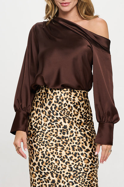 Dropped Shoulder Long Sleeve Satin Top-4