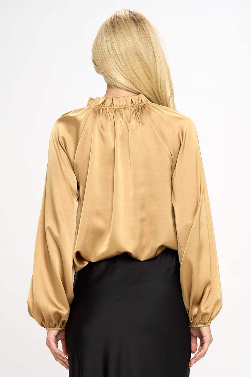 Solid Satin Ruffle Mock Neck Top-3