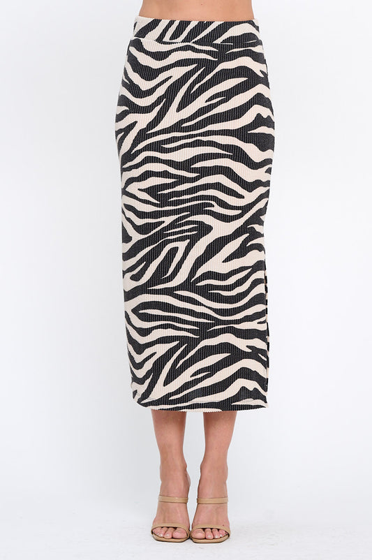 Abstract Print Rib Knit Maxi Skirt with Side Slit-0