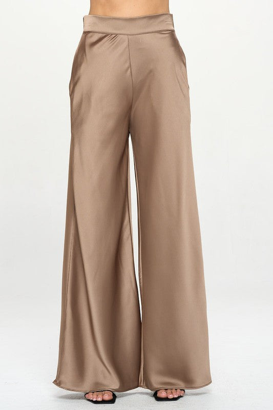 Stretch Satin Pants w/ Elastic Waist and Pockets-0