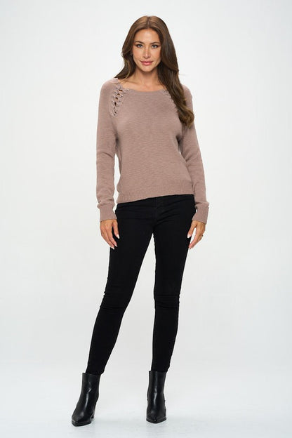 Round neck Long Sleeve Sweater with Braid Detail-3
