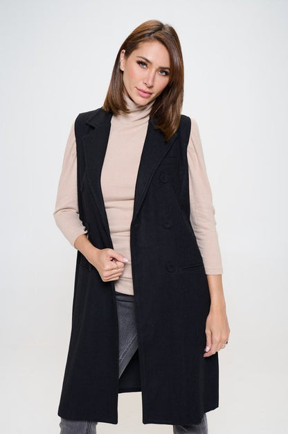 Double Breast Detail Sleeveless Coat with Collar-3