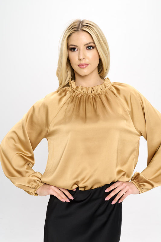 Solid Satin Ruffle Mock Neck Top-0