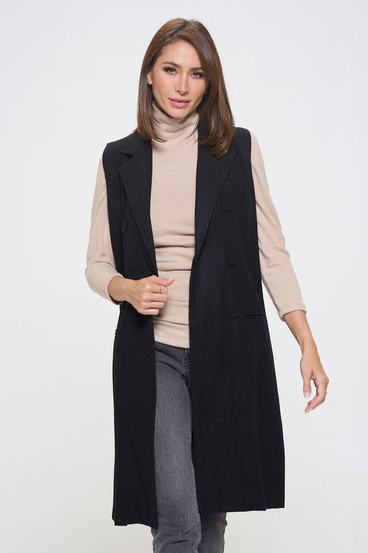 Double Breast Detail Sleeveless Coat with Collar-0