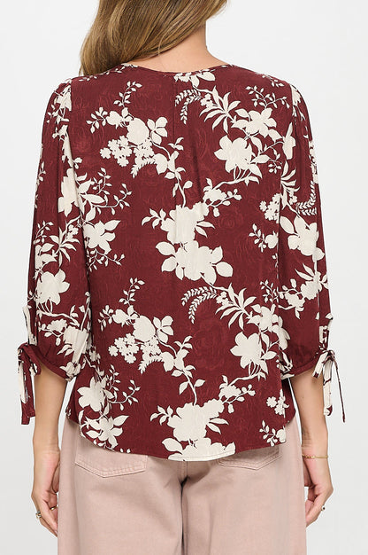 Floral Print V neck Top with Tie Sleeve-2