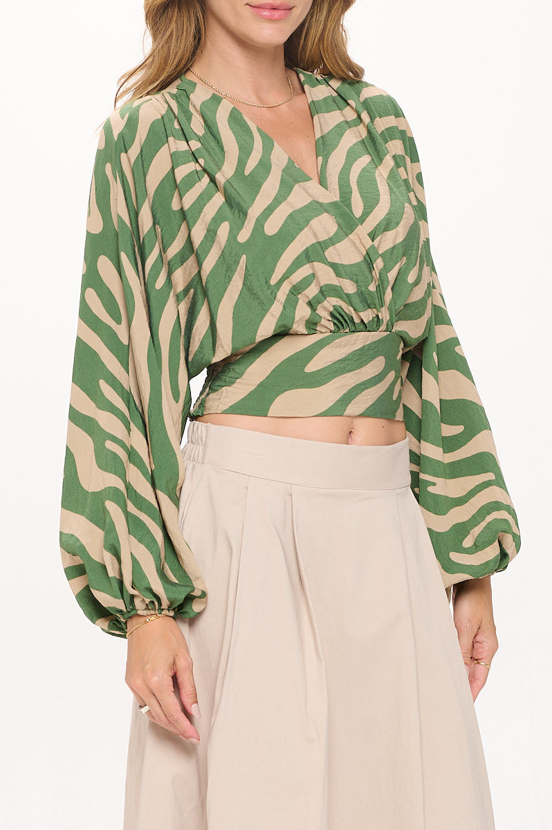 Print V neck Crop Top w Smock Detail-2