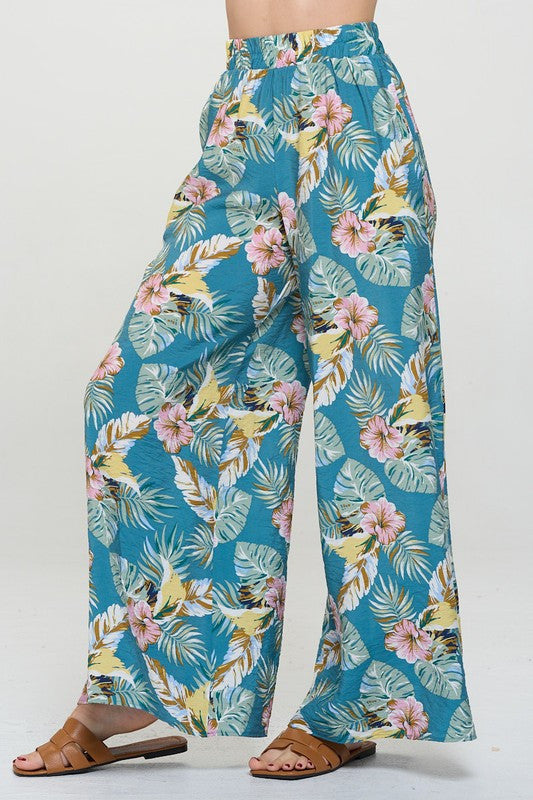 Tropical Print Wide Leg Pants with Pockets-1