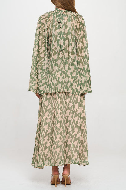 Print Sheer Long Bell Sleeve Top with Back Tie Detail-4