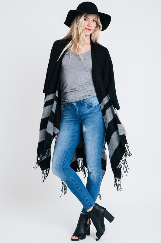 Striped Poncho with Fringe Detail-0