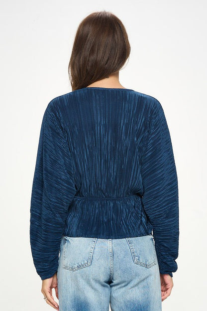 Plisse V neck Top with Balloon Dolman Sleeve-3