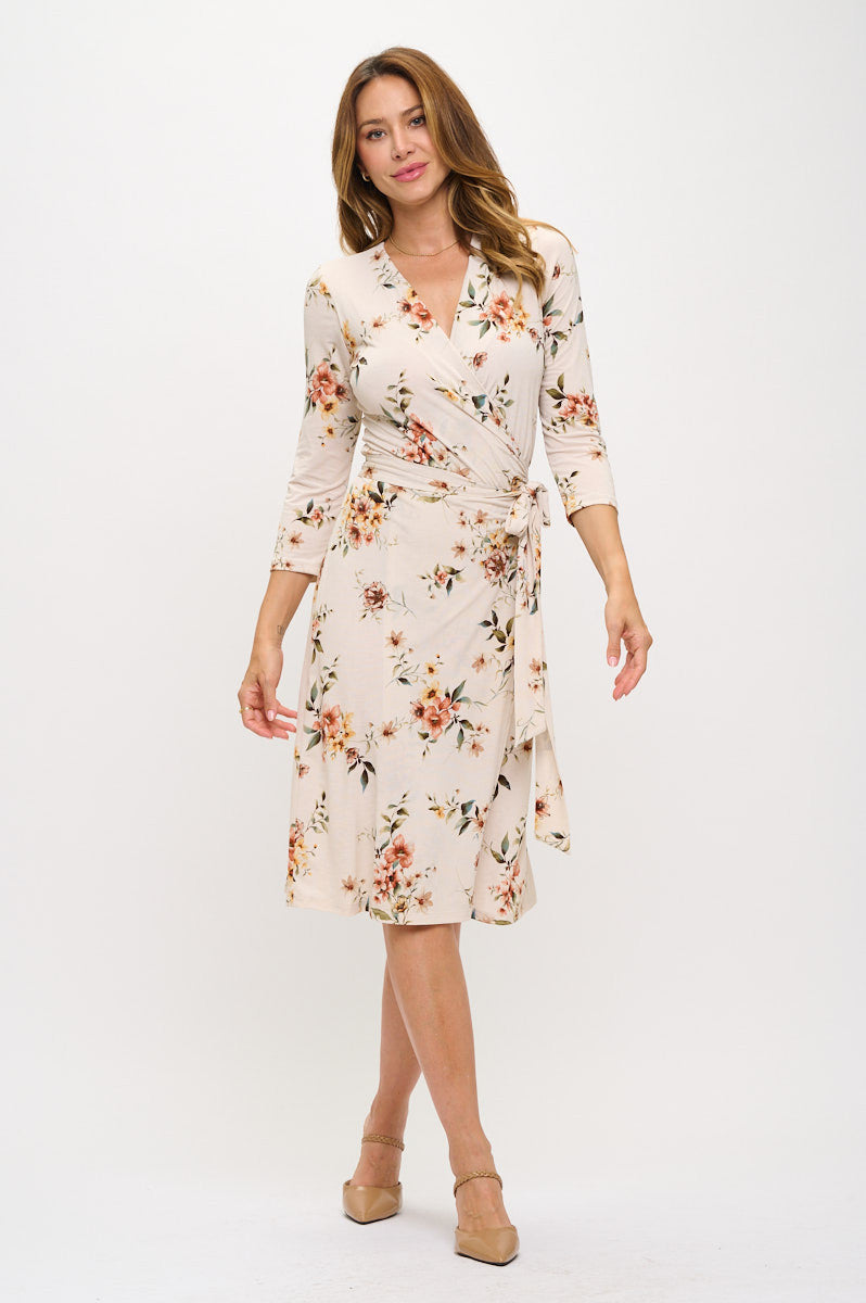 Floral Print V neck Jersey Wrap Dress with Tie-5