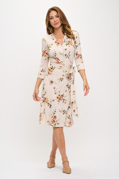Floral Print V neck Jersey Wrap Dress with Tie-5