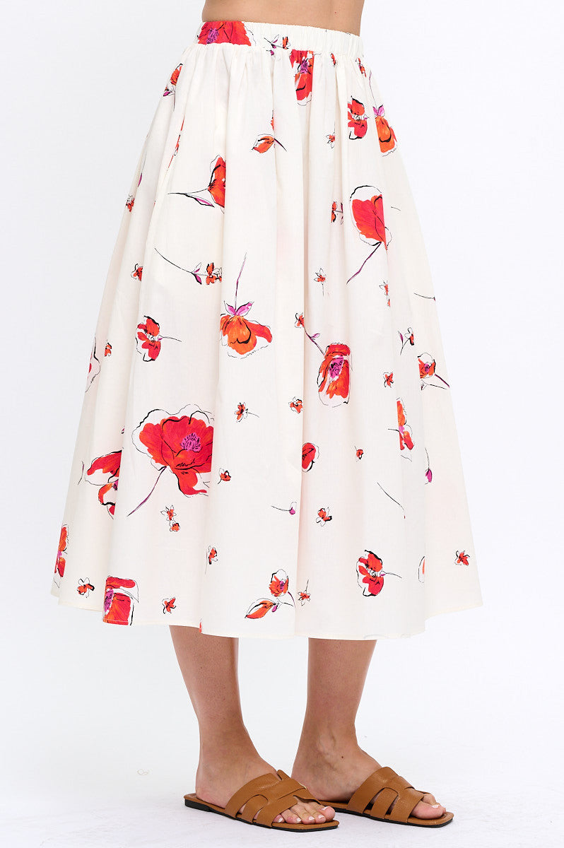 Cotton Floral Flowy Midi Skirt with Pockets-2