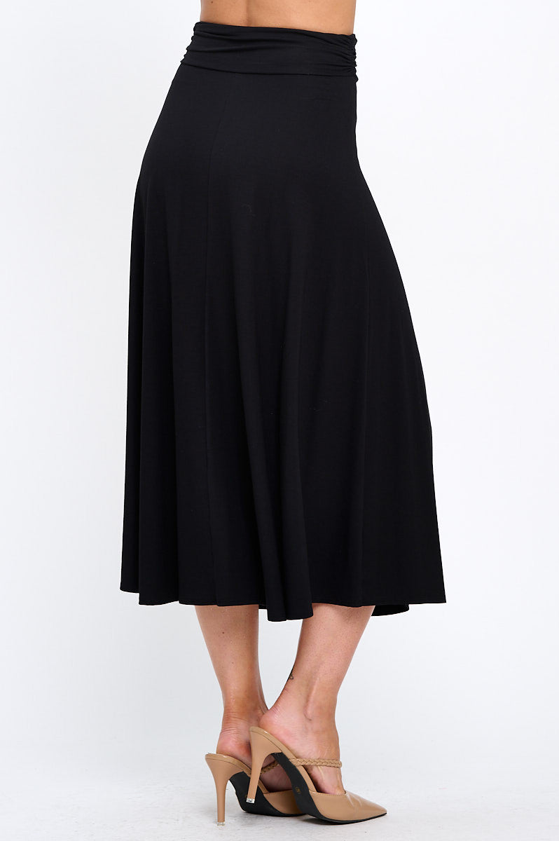 Modal Solid Midi Skirt with Foldover Waistband-2