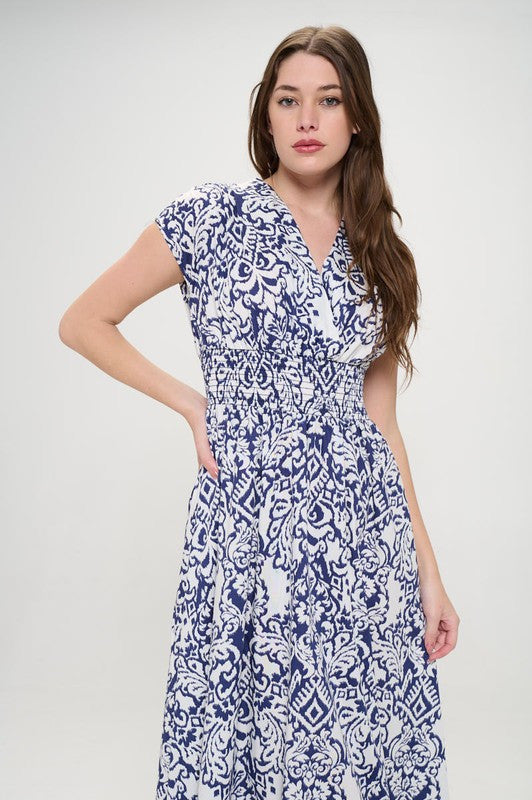 Print V neck Short Sleeve Dress w Smocked Elastic Waist-0