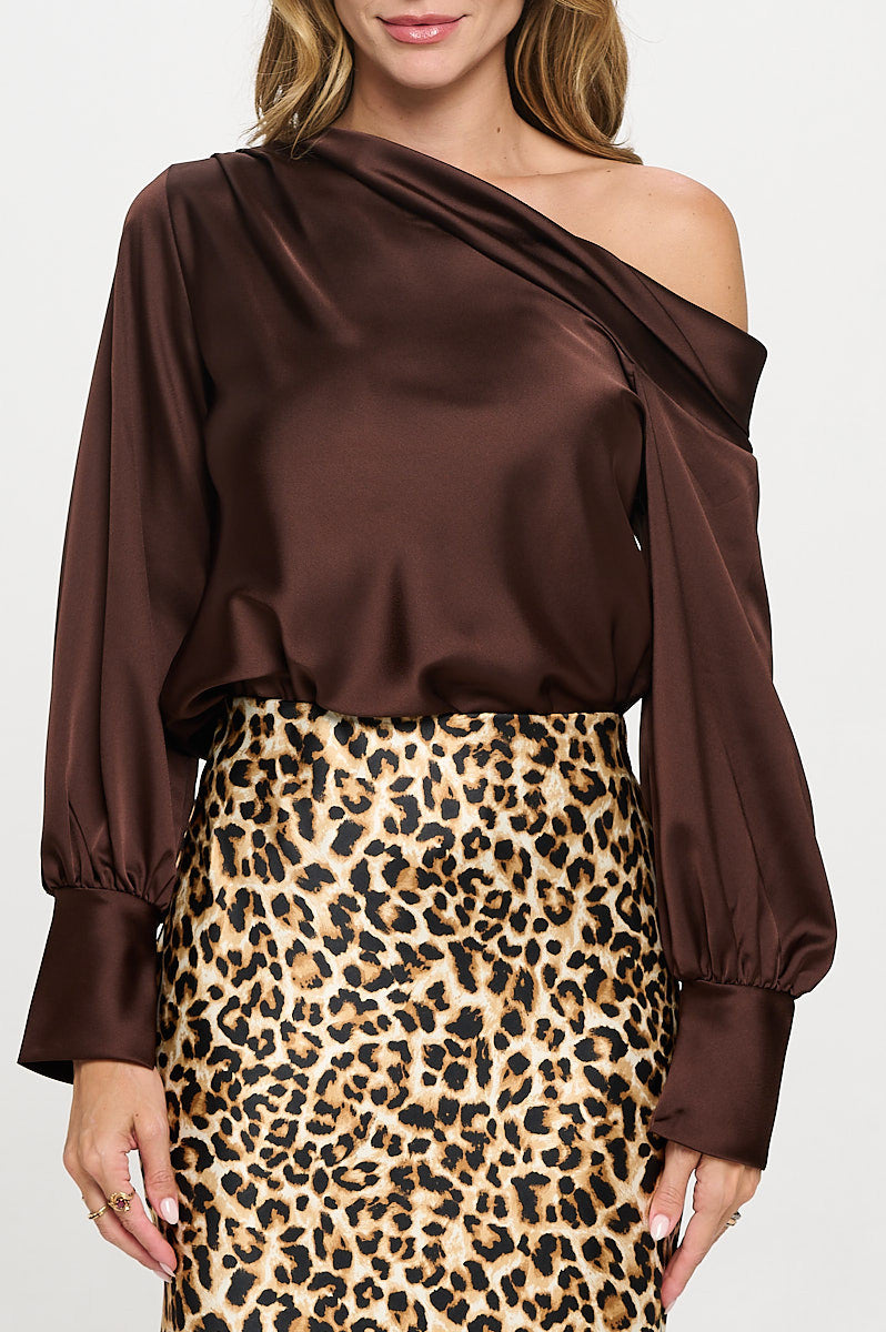 Dropped Shoulder Long Sleeve Satin Top-1