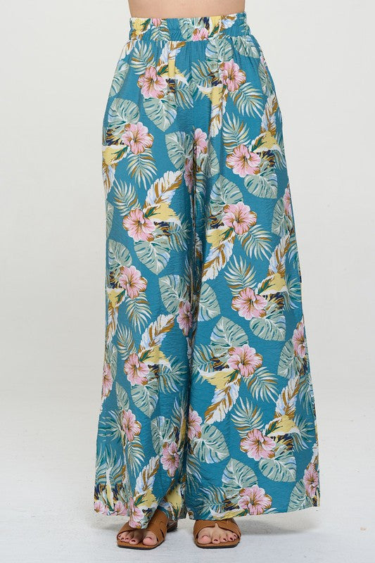 Tropical Print Wide Leg Pants with Pockets-0