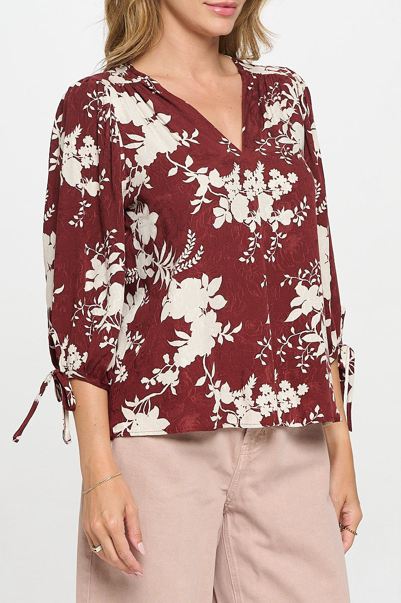 Floral Print V neck Top with Tie Sleeve-3