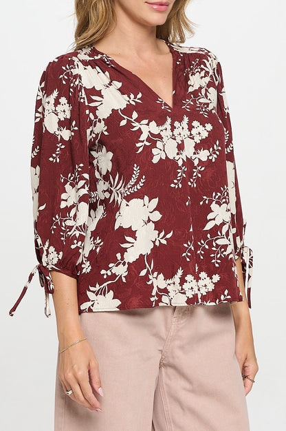 Floral Print V neck Top with Tie Sleeve-3