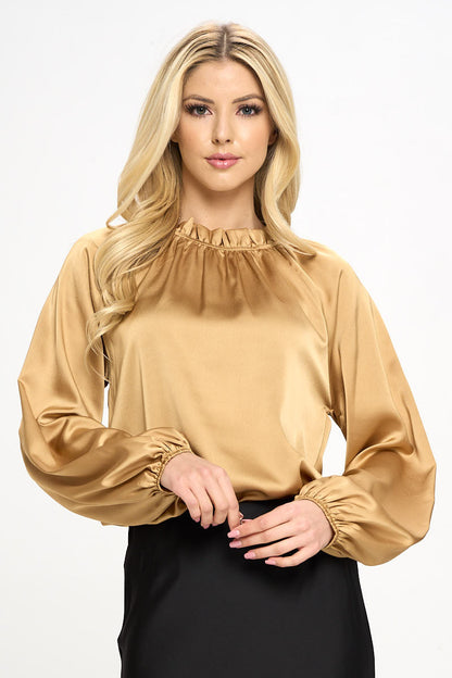 Solid Satin Ruffle Mock Neck Top-1