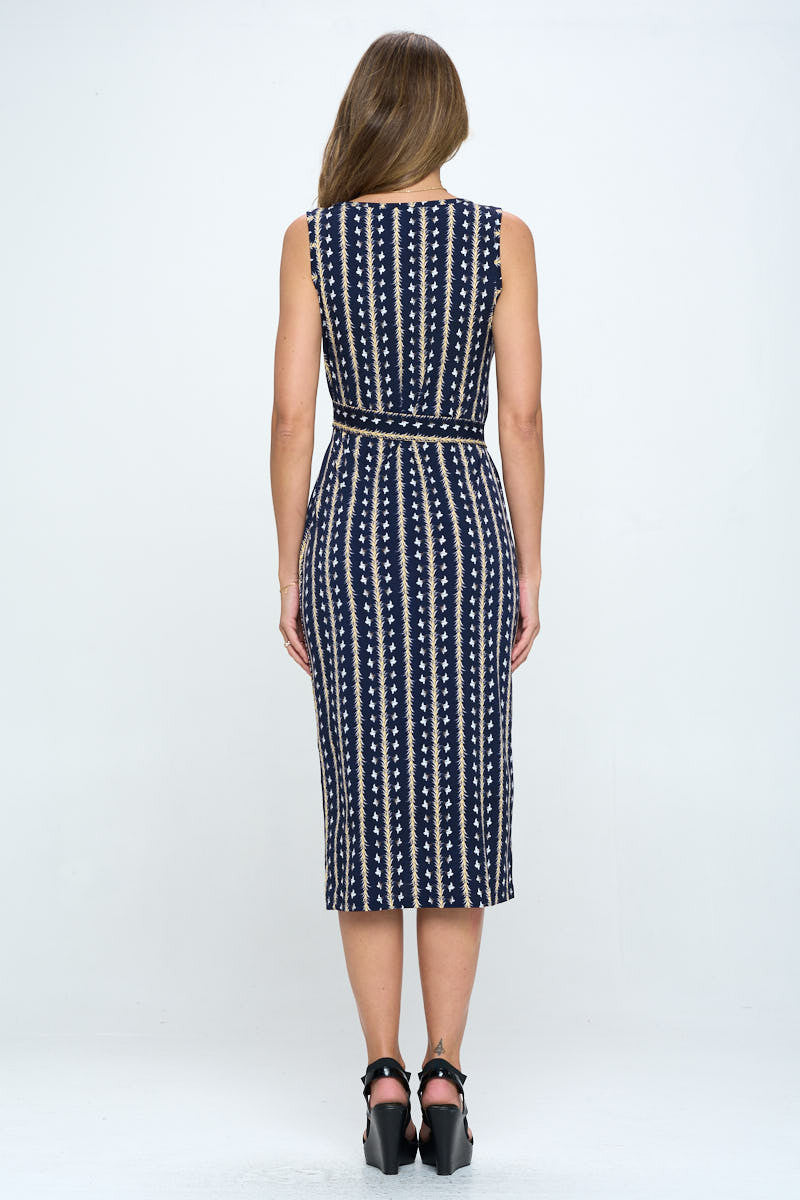 Print V neck Dress with Tie and Slit-4
