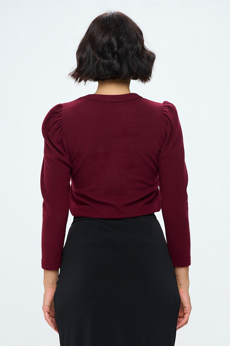 Burgundy Brushed Knit Top with Puff Sleeve-3
