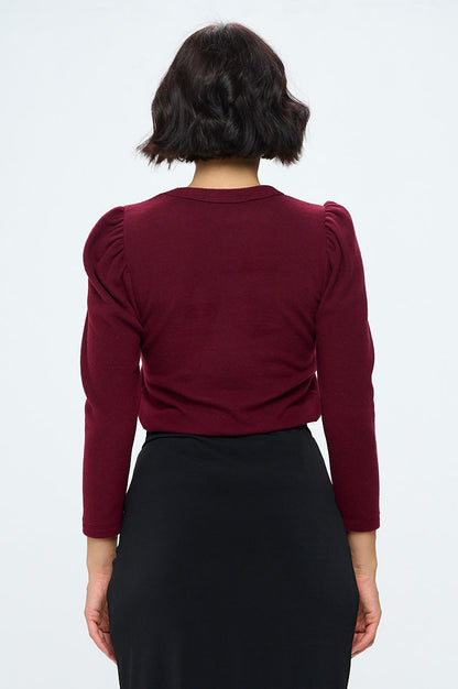 Burgundy Brushed Knit Top with Puff Sleeve-3