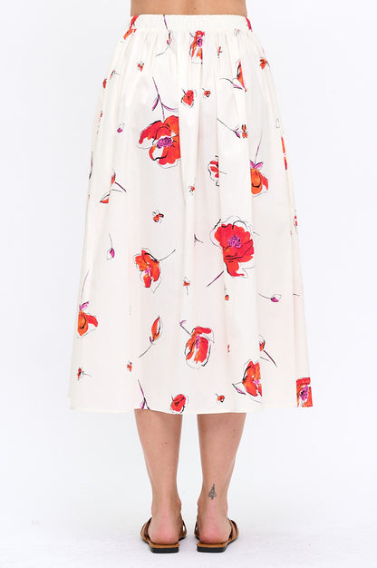 Cotton Floral Flowy Midi Skirt with Pockets-3