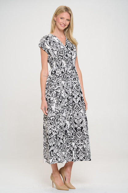 Print V neck Short Sleeve Dress w Smocked Elastic Waist-2