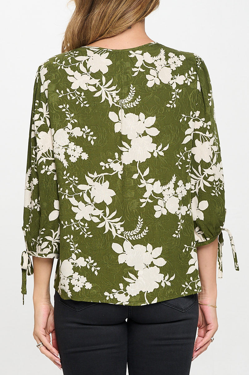 Floral Print V neck 3/4 Sleeve Top with Tie-3