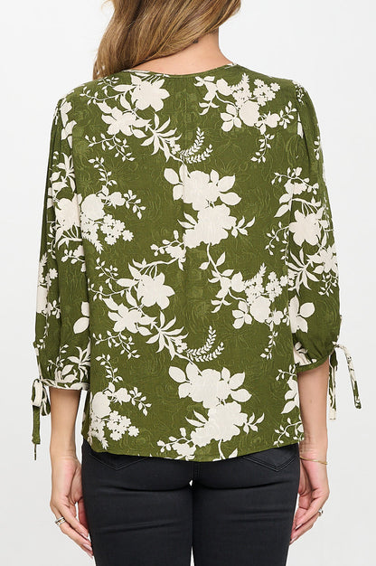 Floral Print V neck 3/4 Sleeve Top with Tie-3