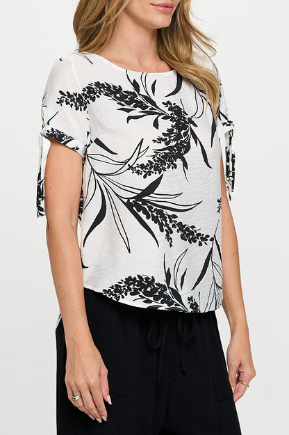 Floral Print Short Sleeve Top with Tie Sleeve-2
