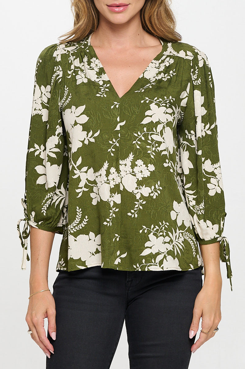 Floral Print V neck 3/4 Sleeve Top with Tie-1
