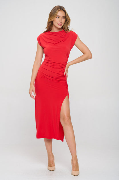 Solid Short Sleeve Ruched Dress with Slit-2