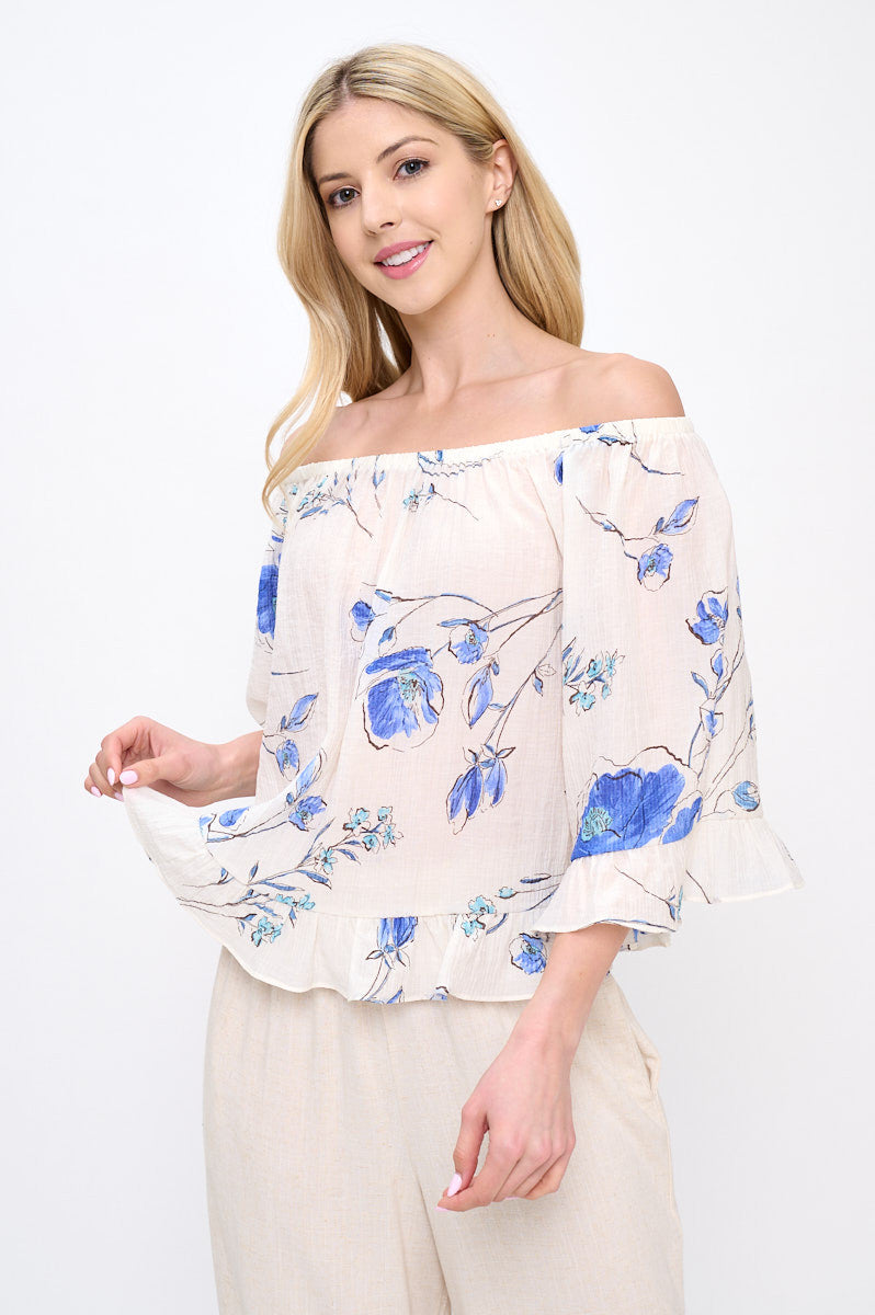 Floral Print Off shoulder Semi Sheer Top with Ruffle Sleeve-0