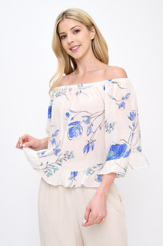 Floral Print Off shoulder Semi Sheer Top with Ruffle Sleeve-0