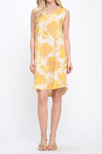Floral Linen V neck Sleeveless Dress with Curved Hem-1