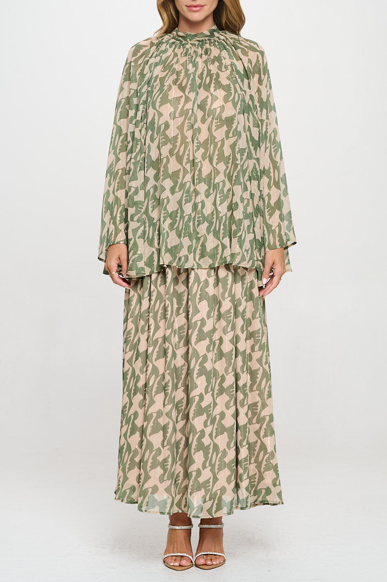 Print Sheer Long Bell Sleeve Top with Back Tie Detail-2