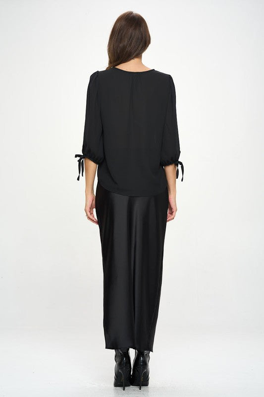 Solid V neck Top with Self Tie Sleeves-4
