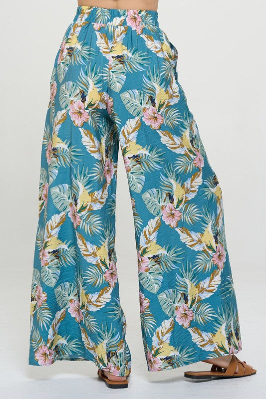 Tropical Print Wide Leg Pants with Pockets-2