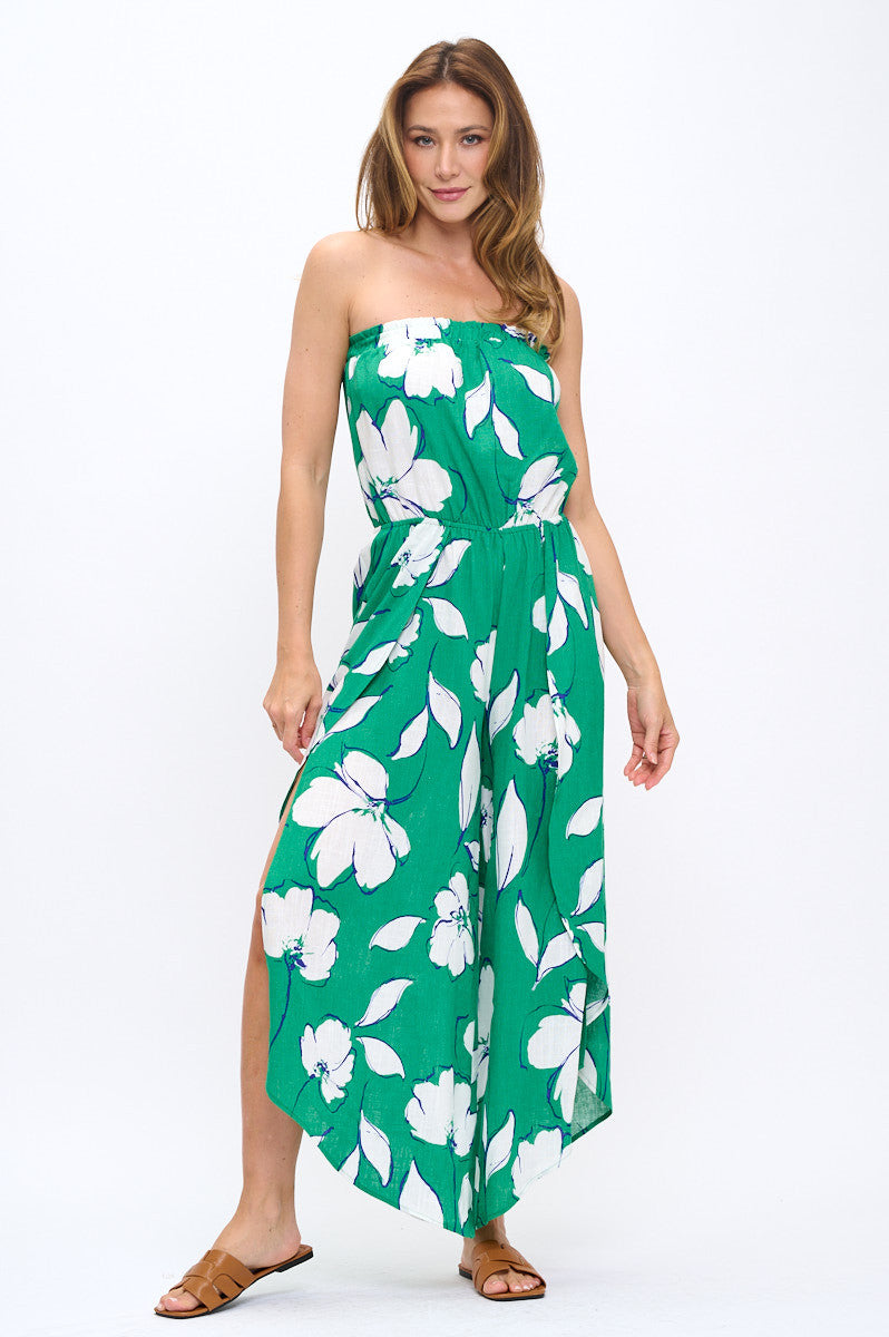 Leaf Print Strapless Jumpsuit with Split Leg Detail-6