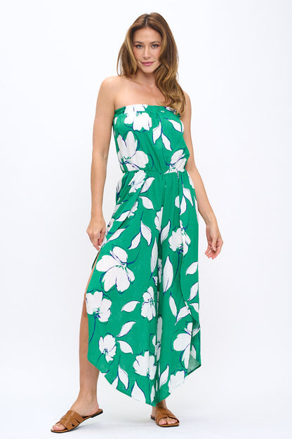 Leaf Print Strapless Jumpsuit with Split Leg Detail-6