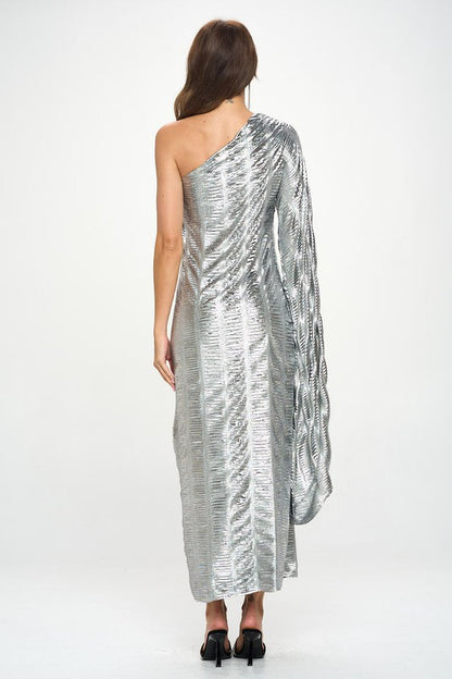Metallic One Shoulder Bell Sleeve Maxi Dress-5