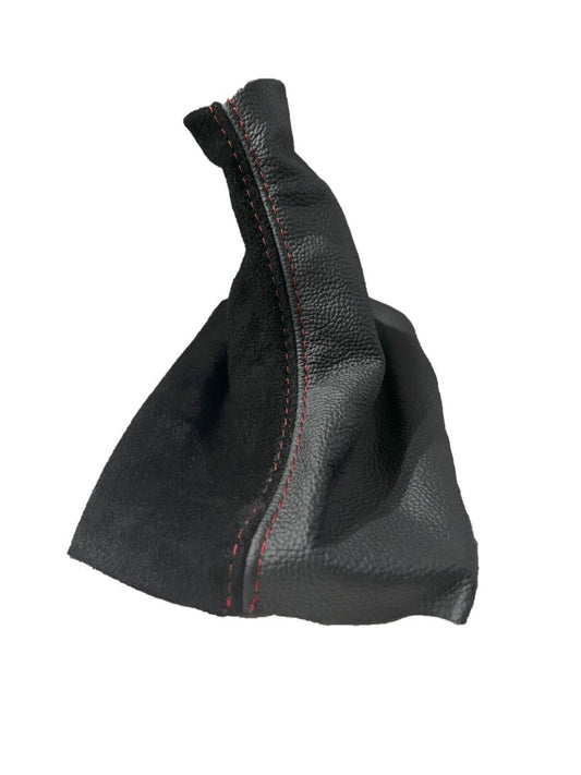 Black Leather & Suede Shift Boot Cover In Red Stitch For Ford Mustang GT 2005 2006 2007 2008 2009-0