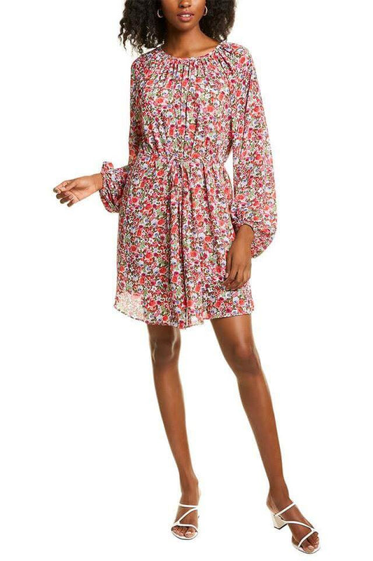Maggy London Crew Neck Long Sleeve Gathered Elastic Cuff’s Tie Waist Floral Print Fit and Flare Crepe Dress-0