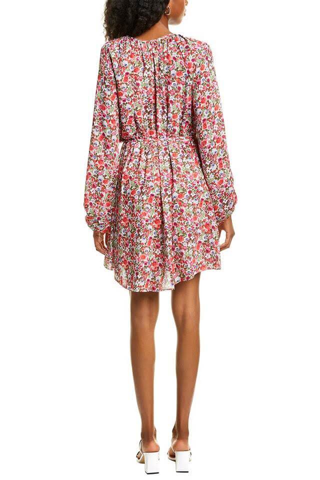 Maggy London Crew Neck Long Sleeve Gathered Elastic Cuff’s Tie Waist Floral Print Fit and Flare Crepe Dress-1